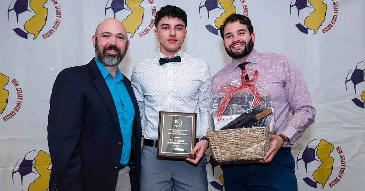 NJ Youth Soccer and JAG-ONE Physical Therapy present a plaque to the NJYS Comeback Player of the Year.