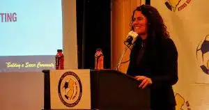 Soccer Parenting Association founder Skye Eddy speaks at the NJ Youth Soccer Annual General Meeting.