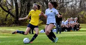 Two youth soccer players battle for the ball.