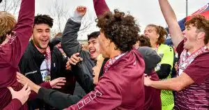 A group of Tennessee youth soccer players celebrate after winning a State Cup championship.