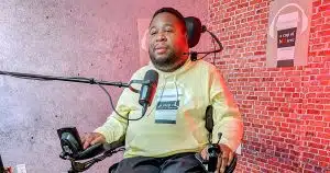 Eric LeGrand records A Cup of bELieve Podcast in studio.